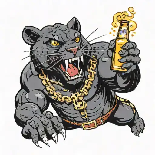 A Black Panter With Big Muscles And A Beer Bottle
