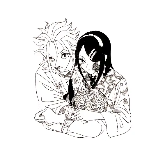 A Dotwork Tattoo Of Tanjiro And Nezuko From Demon Slayer Surrounded By Intricate Floral Patterns
