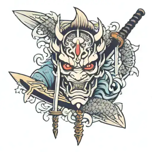 Oni Mask Katana Sword Koi Fish Swimming