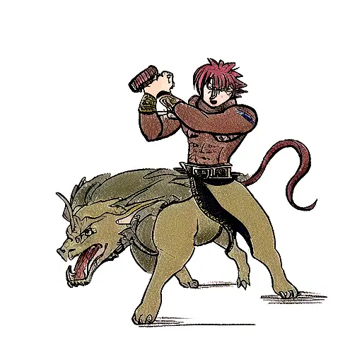 A Traditional Style Tattoo Of A Group Of Rpg Characters Battling A Dragon In An African Landscape