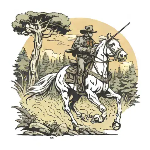 Cowboy On A Horse In The Forest Shooting At A Train