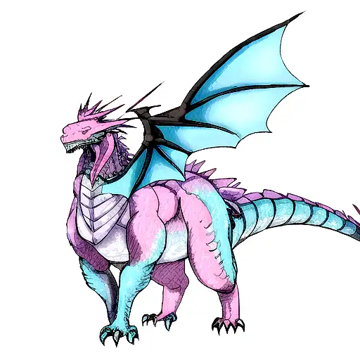 A Realistic Dragon In Shades Of Blue And Pink Breathing Fire