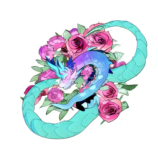 A Dragon Serpent Wrapped Around A Blooming Blue And Pink Rose With Flames