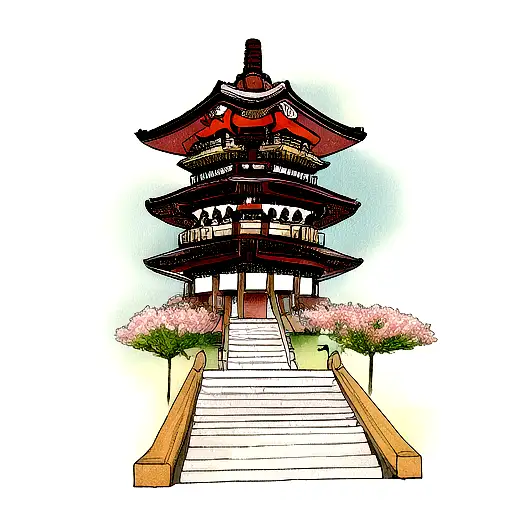 Japanese Pagoda With Samurai Warrior And Cherry Blossoms