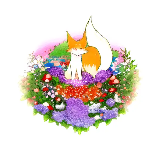 Spiritual Fox Vibrant Dimension With Flowers And Mushrooms And Berries With Background