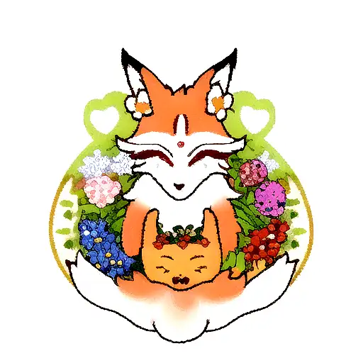 Spiritual Background Large Fox Face Vibrant Dimension With Flowers And Mushrooms And Berries