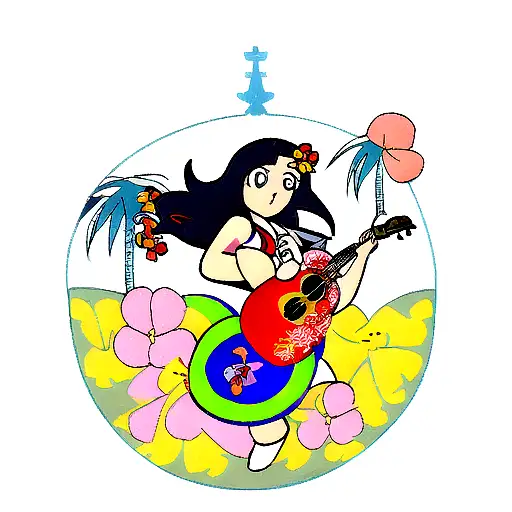 Sailor Jerry Style Hula Girl Playing Ukelele On Surfboard With Hawiian Flowers Background