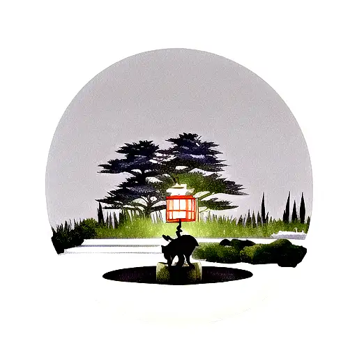 A Serene Night Scene Of A Lone Wolf Howling At The Moon In A Japanese Garden