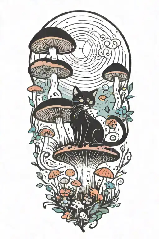 Black Cat And Trippy Colorful Mushrooms With Moon Melting