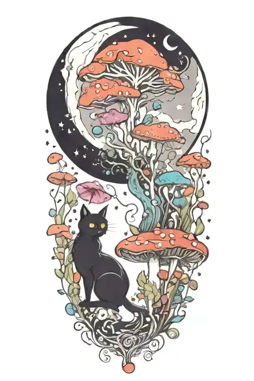 Black Cat And Trippy Colorful Mushrooms With Moon