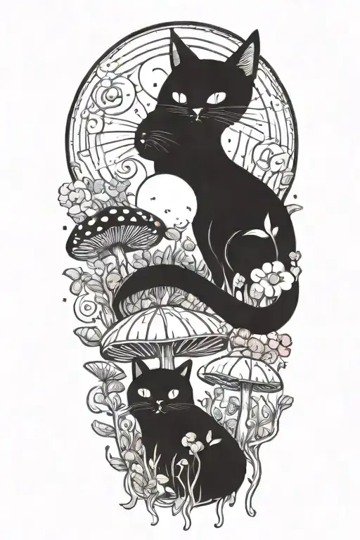 Black Cat And Trippy Colorful Mushrooms With Moon