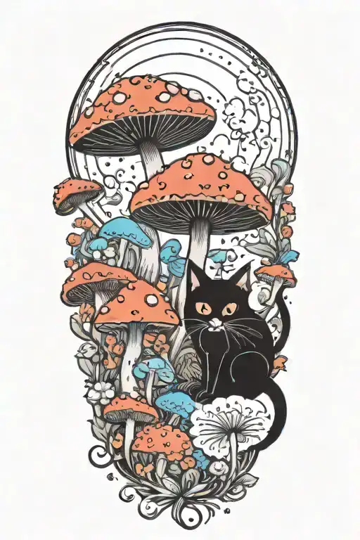 Black Cat And Trippy Colorful Mushrooms With Moon