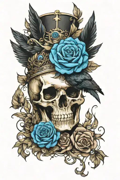 Raven Wearing Crown With Blue Rose And Skull