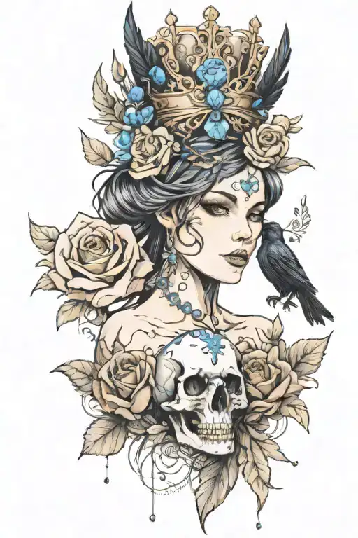 Raven Wearing Crown With Blue Rose And Skull