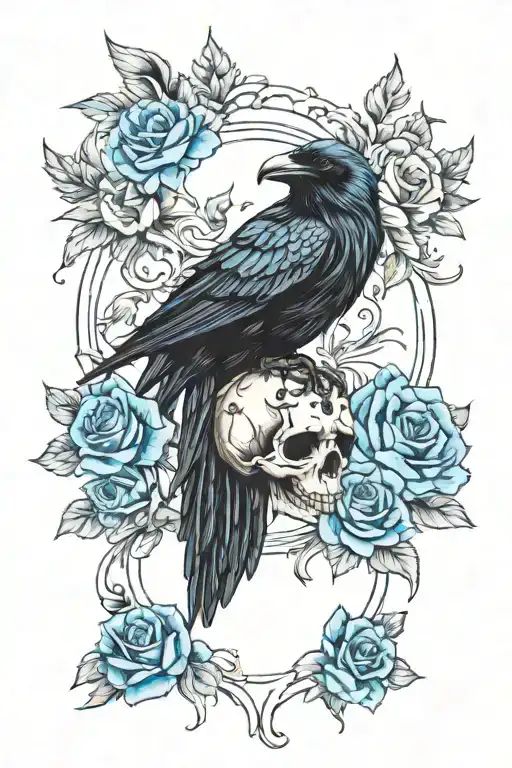 Raven Wearing Crown With Blue Rose And Skull