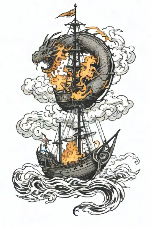 A Small Boat On Fire With A Ashen Dragon Around The Mast