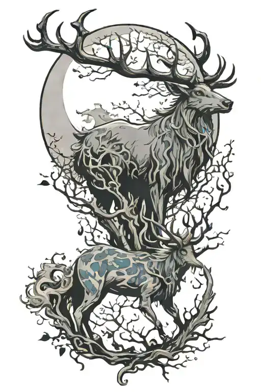 Fantasy Creature With Antlers And Moon And Forest