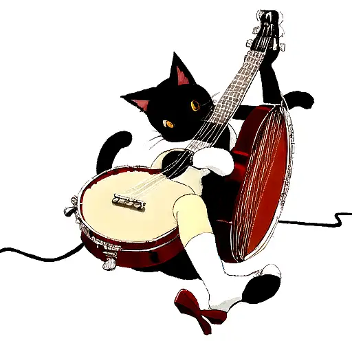 A Cat Playing Banjo And Have Red Shoes On