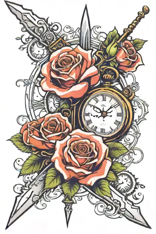 Sword And Rose With Clock