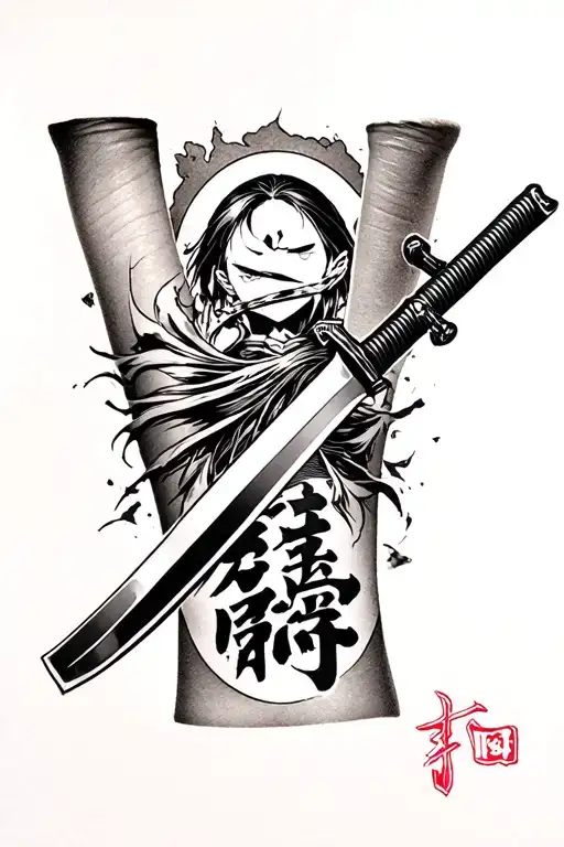 A Katana On The Forearm With The Japanese Symbols Kaizen On Going Trough It