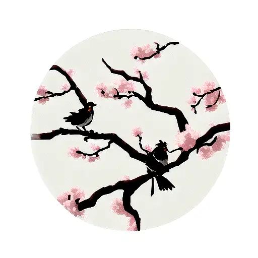 Magpies On Plum Blossom Branches With Chinese Landscape Background
