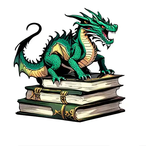 Dragon On Piles Of Books And Treasure