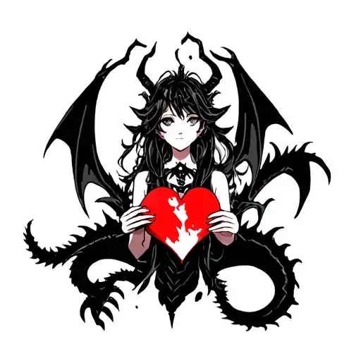Anime Demon Girl Holding A Shattered Heart Surrounded By A Black Dragon