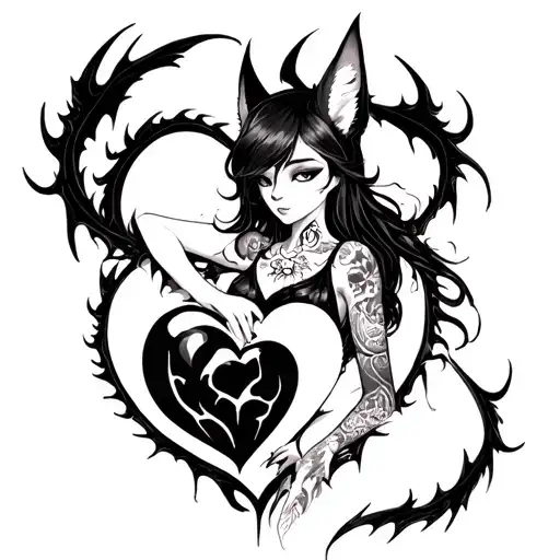Tattooed Anime Demon Fox Woman Holding A Shattered Heart With A Heart Shaped Black Dragon Surround
