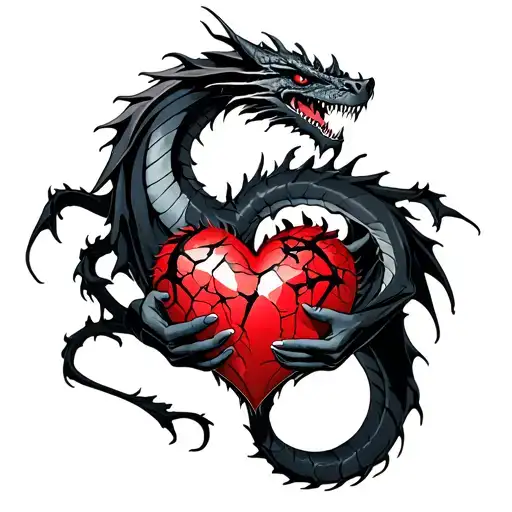 Tattoo Of A Black Dragon Wrapped Around A Shattered Heart Held By A Demon Woman
