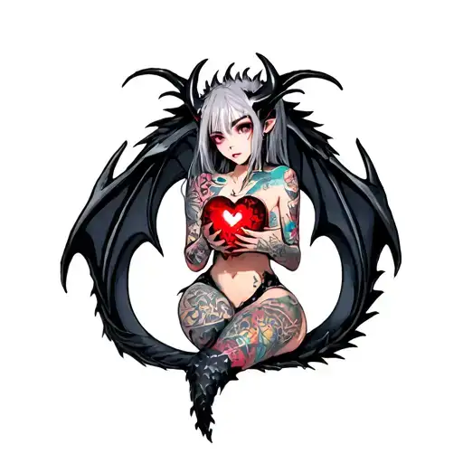Tattooed Anime Demon Girl Holding A Shattered Heart Surrounded By A Voodoo Black Dragon