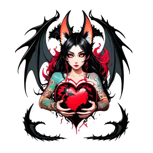 Tattooed Anime Demon Fox Woman Holding A Shattered Heart With A Heart Shaped Black Dragon Surround