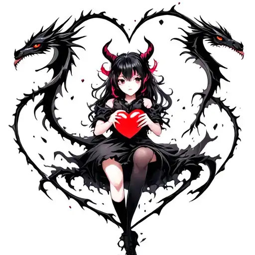 Anime Demon Girl Holding A Shattered Heart With A Heart Shaped Black Dragon Surround