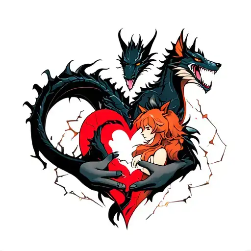 Tattoo Of A Black Dragon Wrapped Around A Shattered Heart Held By A Fox Woman