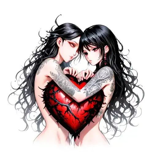 Black Thorny Heart Being Hugged By Beautiful Anime Woman With