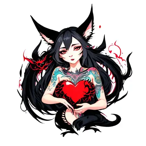 Tattooed Anime Demon Fox Woman Holding A Shattered Heart With A Heart Shaped Black Dragon Surround