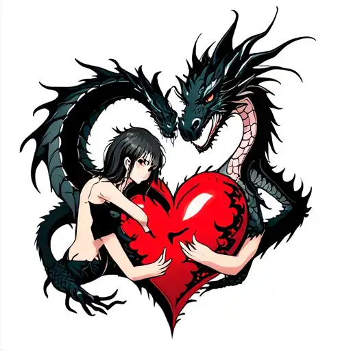 Tattoo Of A Black Dragon Wrapped Around A Broken Heart Held By An Anime Girl