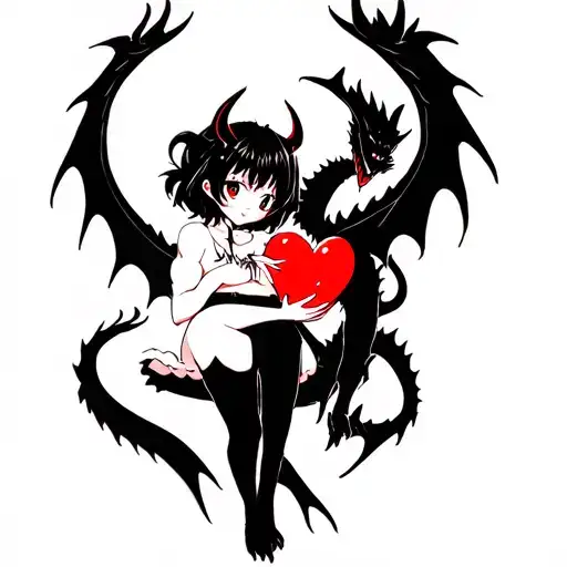 Anime Demon Girl Holding A Broken Heart Surrounded By A Black Dragon