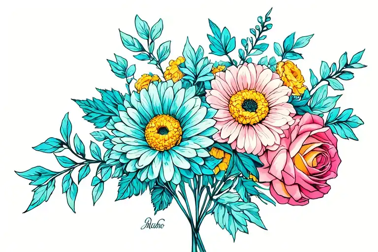 Rose Marigold Chrysanthemum Bouquet Tattoo Bouquet