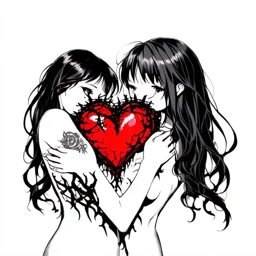 Black Thorny Heart Being Hugged By Beautiful Anime Woman With