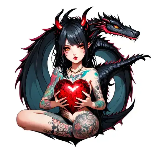 Tattooed Anime Demon Girl Holding A Shattered Heart Surrounded By A Voodoo Black Dragon