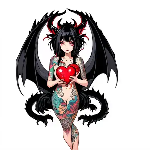 Tattooed Anime Demon Girl Holding A Shattered Heart Surrounded By A Voodoo Black Dragon