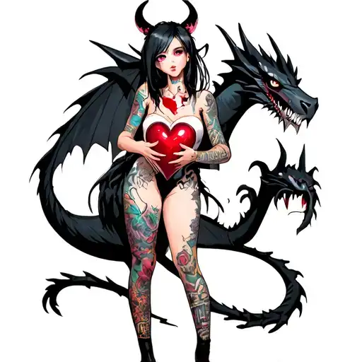 Tattooed Anime Demon Girl Holding A Shattered Heart Surrounded By A Voodoo Black Dragon