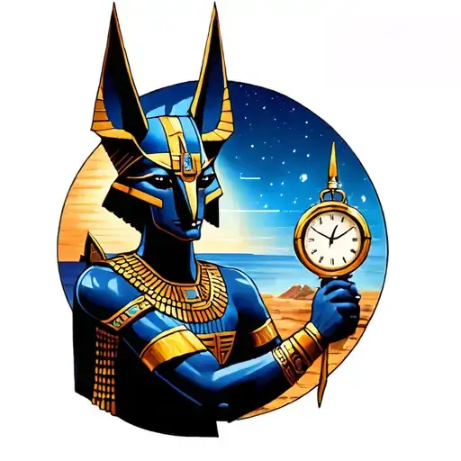 Anubis Egypcian God Warrior Holding Time Travel With Back Round Of The Worlds Start