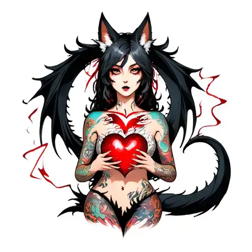 Tattooed Anime Demon Fox Woman Holding A Shattered Heart With A Heart Shaped Black Dragon Surround