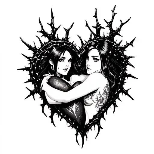 Black Thorny Heart Being Hugged By Beautiful Anime Woman With