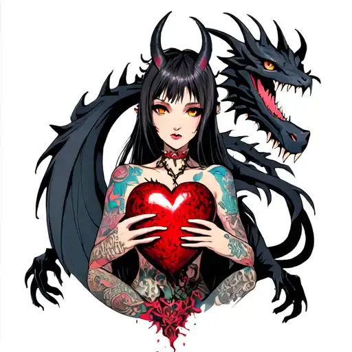 Tattooed Anime Demon Girl Holding A Shattered Heart Surrounded By A Voodoo Black Dragon