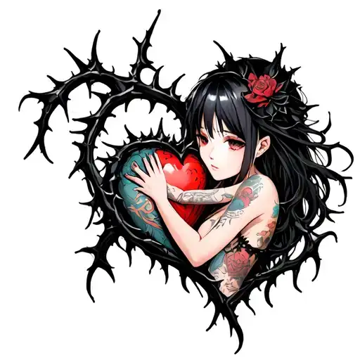 Black Thorny Heart Being Hugged By Beautiful Anime Woman With