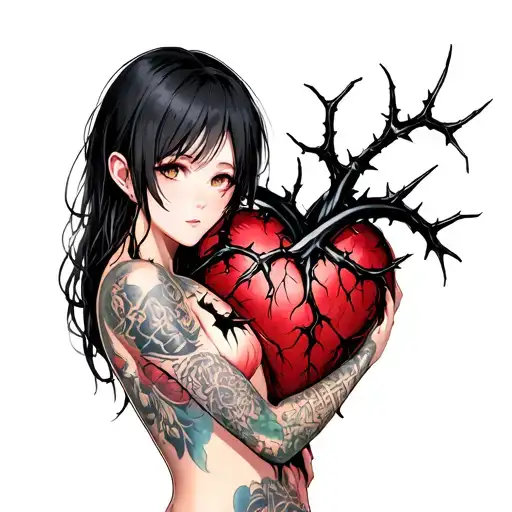 Black Thorny Heart Being Hugged By Beautiful Anime Woman With
