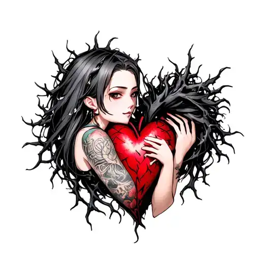 Black Thorny Heart Being Hugged By Beautiful Anime Woman With
