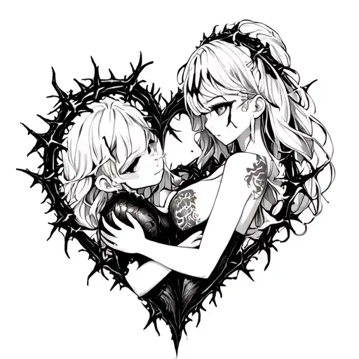 Black Thorny Heart Being Hugged By Beautiful Anime Woman With